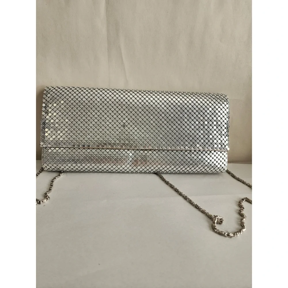 Silver Metal Mesh Clutch Evening Bag with Chain Strap Formal Prom Wedding